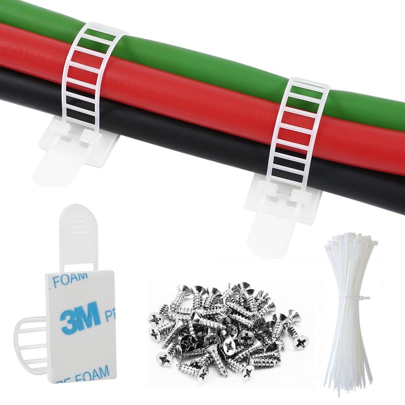 VAMRONE 50Pcs Adhesive Cable Management Clips with 50Pcs Zip Ties, Adjustable Nylon Cable Strap Ties Wire Clips Clamps Organizer, Extra Screw & Hole - 3.55 Inch White - Image 1